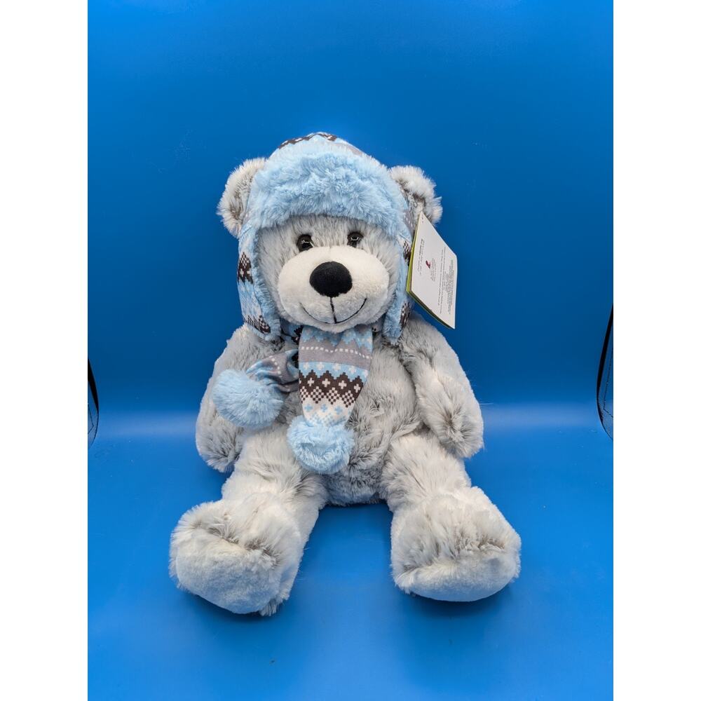 Hugfun International Winter Bear Plush Stuffed Gray Blue 17” Scarf Hat, St. Jude